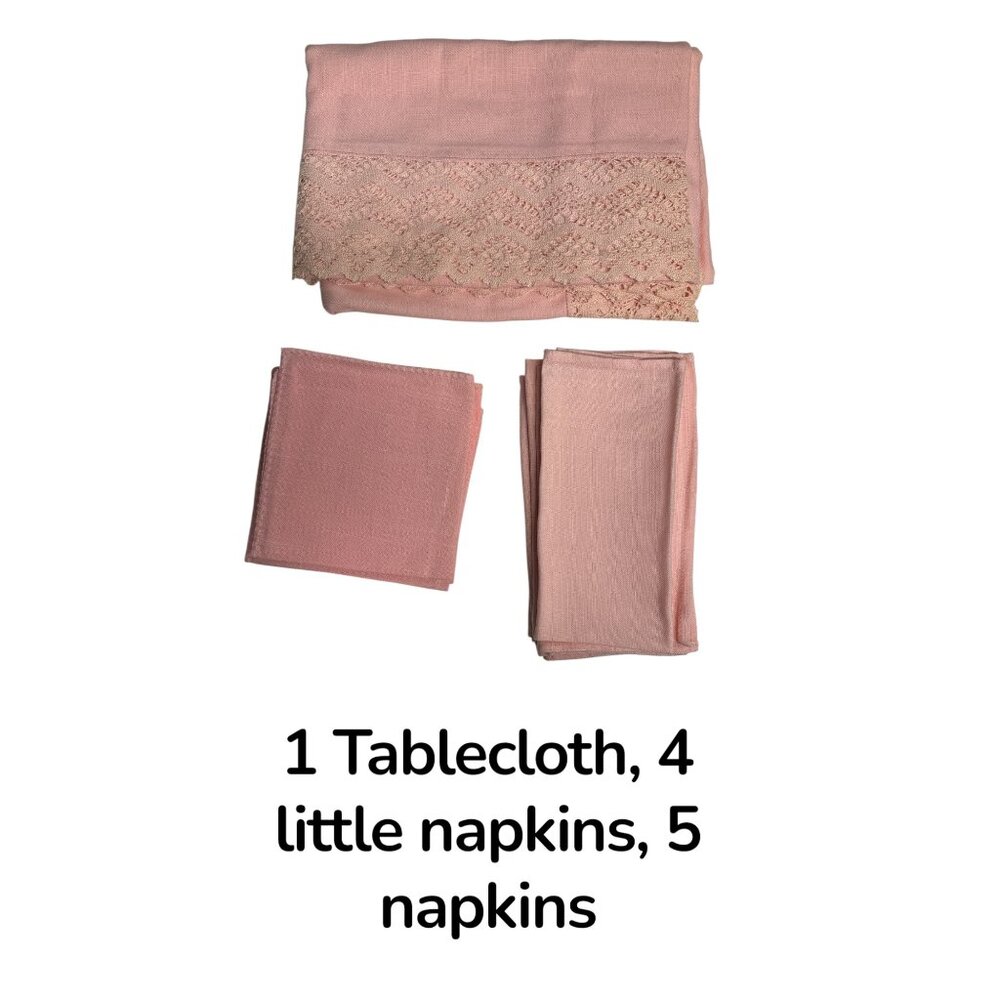 Pink Tablecloth Set With Lace Trim Includes 5 Napkins & 4 Small Napkins 47" x 65